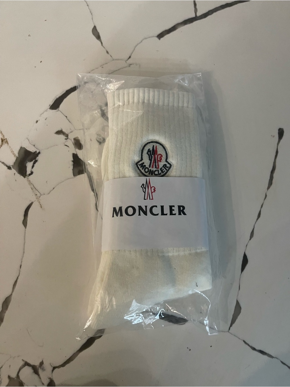 Unisex Moncler White Logo Patch Crew Socks.